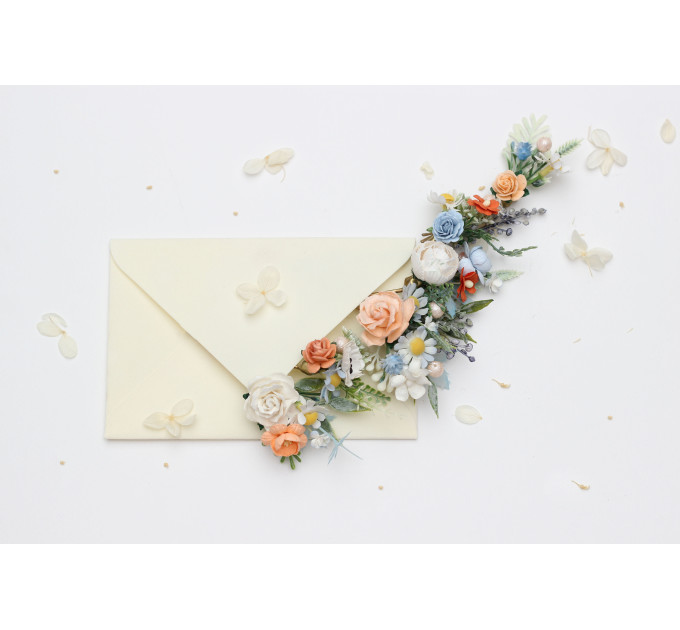 Set of 7 Peach, Dusty Blue & Ivory Wildflower Hair Pins – Faux Floral Wedding Accessories