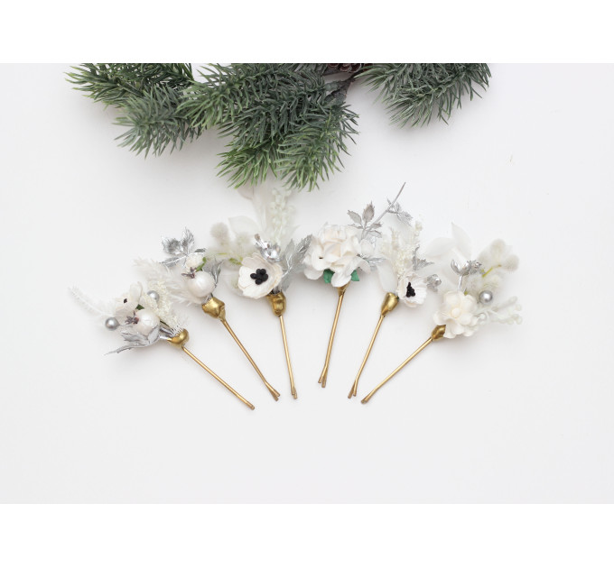 Set of 6 Christmas Bobby Pins – White & Silver Wedding Hair Pins with Berries