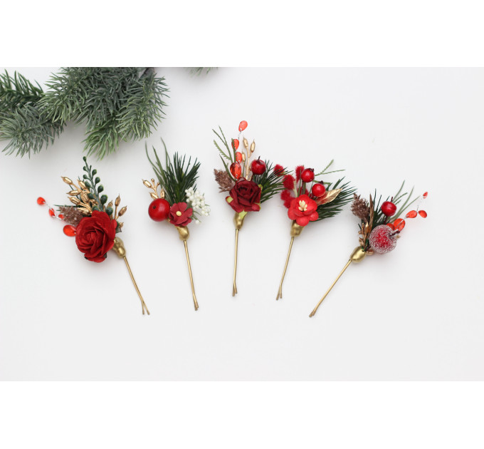 Set of 5 Christmas Bobby Pins with Red Berries – Festive Bridal & Bridesmaid Hair Pins in Burgundy, Gold & Green