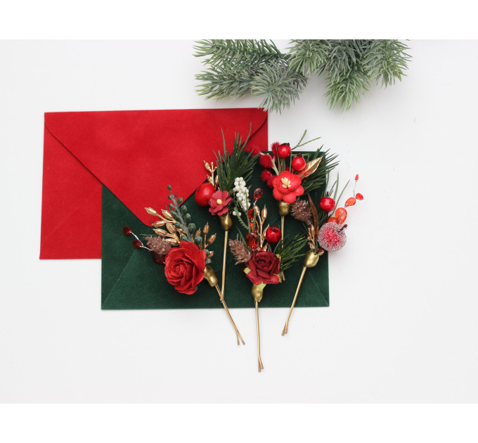 Set of 5 Christmas Bobby Pins with Red Berries – Festive Bridal & Bridesmaid Hair Pins in Burgundy, Gold & Green