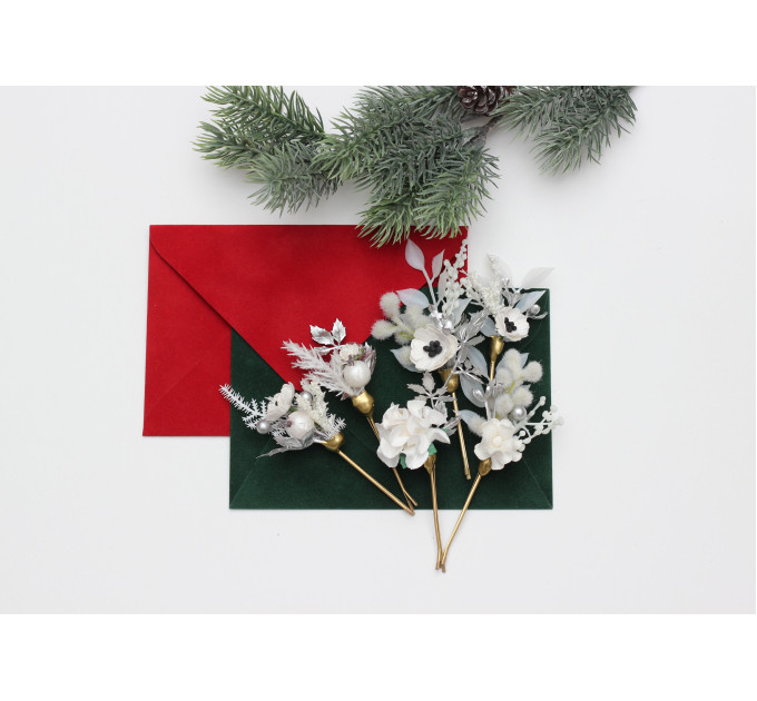 Set of 6 Christmas Bobby Pins – White & Silver Wedding Hair Pins with Berries