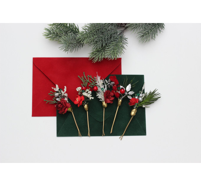 Set of 5 Christmas Bobby Pins – Red, Green & Silver Wedding Hair Pins with Berries