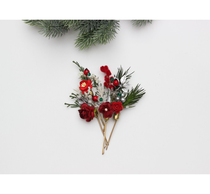 Set of 5 Christmas Bobby Pins – Red, Green & Silver Wedding Hair Pins with Berries