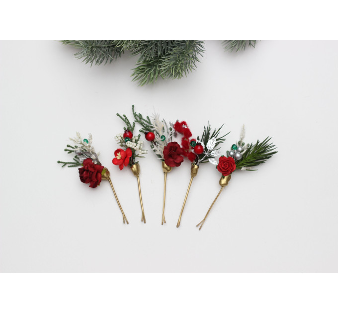 Set of 5 Christmas Bobby Pins – Red, Green & Silver Wedding Hair Pins with Berries