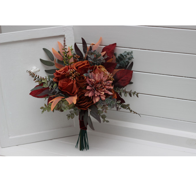 Rust, Burgundy, Cinnamon & Orange Bridesmaid Bouquet – Faux Fall Wedding Flowers
