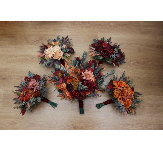 Rust, Burgundy, Cinnamon & Orange Bridesmaid Bouquet – Faux Fall Wedding Flowers