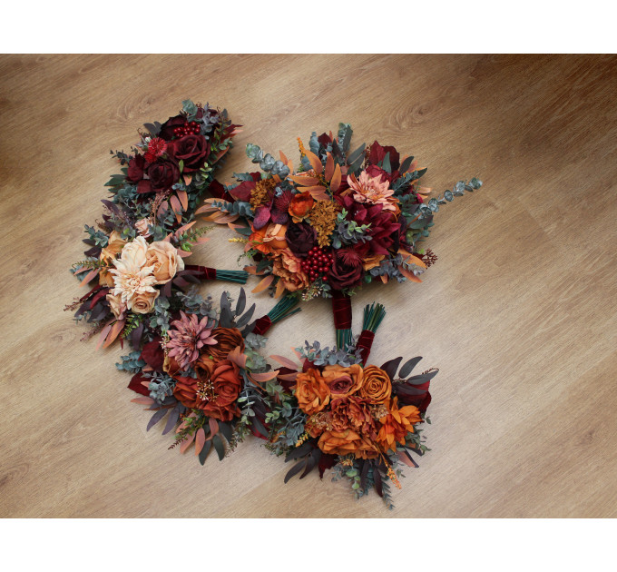 Rust, Burgundy, Cinnamon & Orange Bridesmaid Bouquet – Faux Fall Wedding Flowers