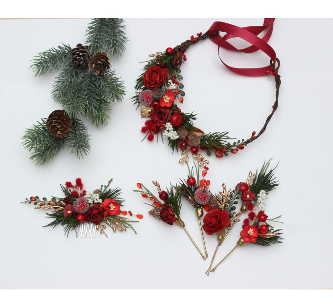 Christmas Flower Crown in Red, Gold, Green & Burgundy – Winter Floral Hair Wreath with Cones & Berries