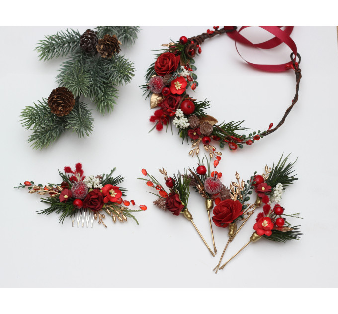 Set of 5 Christmas Bobby Pins with Red Berries – Festive Bridal & Bridesmaid Hair Pins in Burgundy, Gold & Green