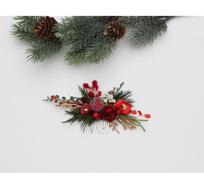 Red, Burgundy, Gold & Green Flower Comb with Berries – Christmas Wedding Hair Accessory for Bride or Bridesmaid