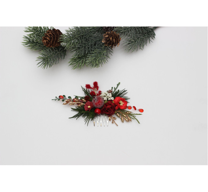 Red, Burgundy, Gold & Green Flower Comb with Berries – Christmas Wedding Hair Accessory for Bride or Bridesmaid