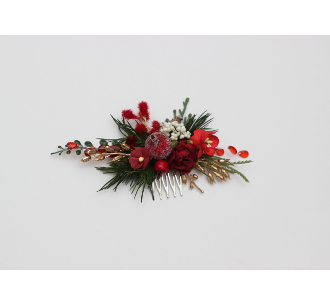 Red, Burgundy, Gold & Green Flower Comb with Berries – Christmas Wedding Hair Accessory for Bride or Bridesmaid