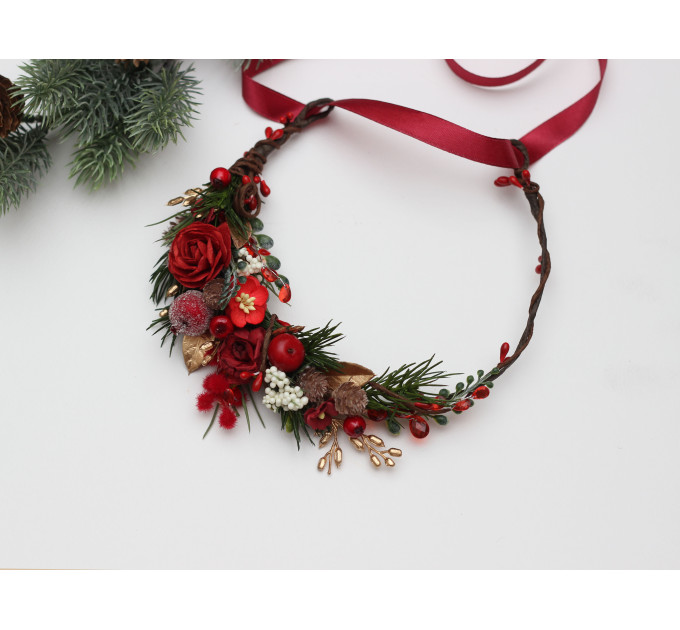Christmas Flower Crown in Red, Gold, Green & Burgundy – Winter Floral Hair Wreath with Cones & Berries