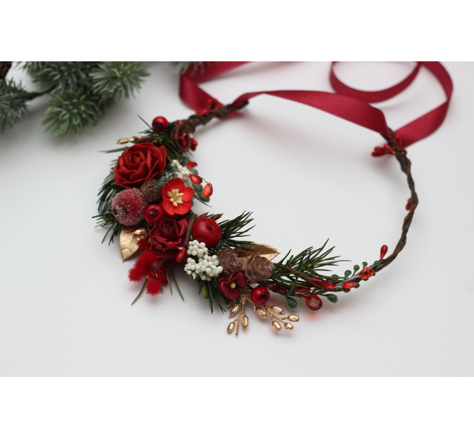 Christmas Flower Crown in Red, Gold, Green & Burgundy – Winter Floral Hair Wreath with Cones & Berries