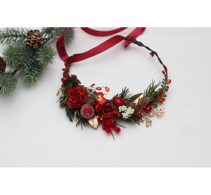 Christmas Flower Crown in Red, Gold, Green & Burgundy – Winter Floral Hair Wreath with Cones & Berries
