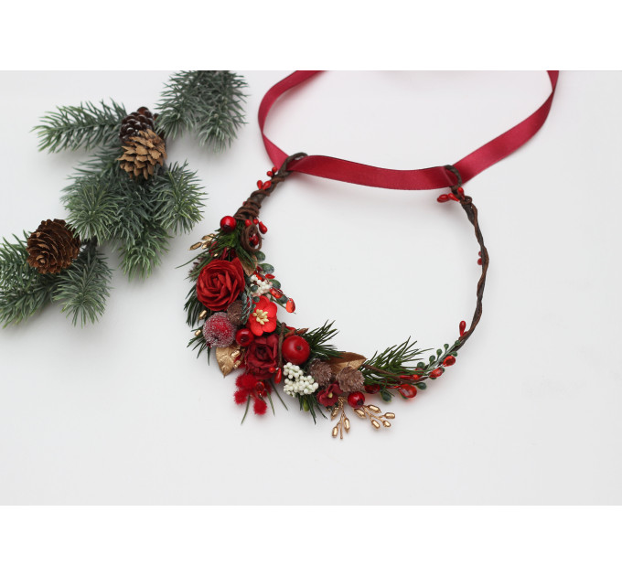 Christmas Flower Crown in Red, Gold, Green & Burgundy – Winter Floral Hair Wreath with Cones & Berries