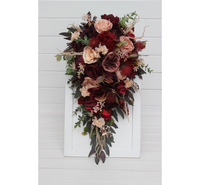 Cascading Bridal Bouquet in Red, Burgundy, Dusty Rose & Peach – Faux Flowers for Fall Weddings