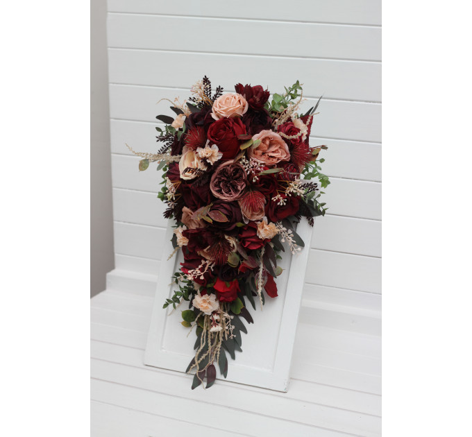 Cascading Bridal Bouquet in Red, Burgundy, Dusty Rose & Peach – Faux Flowers for Fall Weddings
