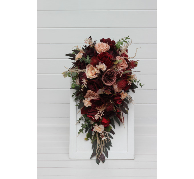 Cascading Bridal Bouquet in Red, Burgundy, Dusty Rose & Peach – Faux Flowers for Fall Weddings