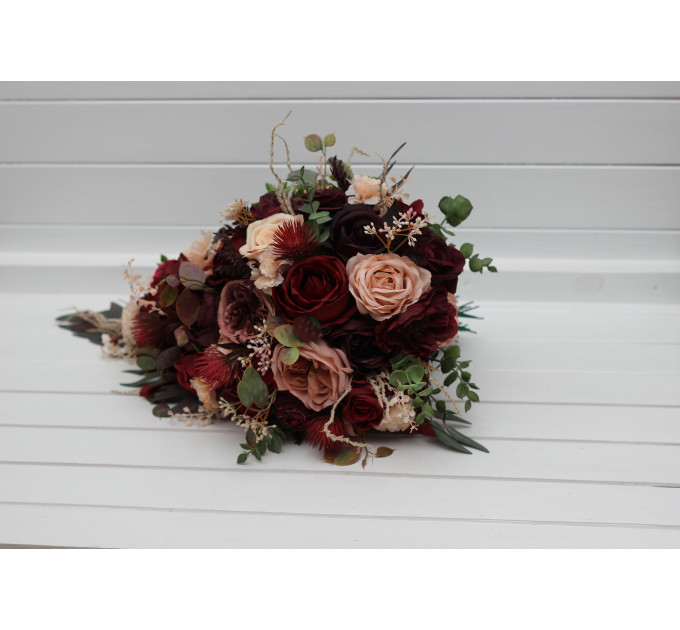Cascading Bridal Bouquet in Red, Burgundy, Dusty Rose & Peach – Faux Flowers for Fall Weddings