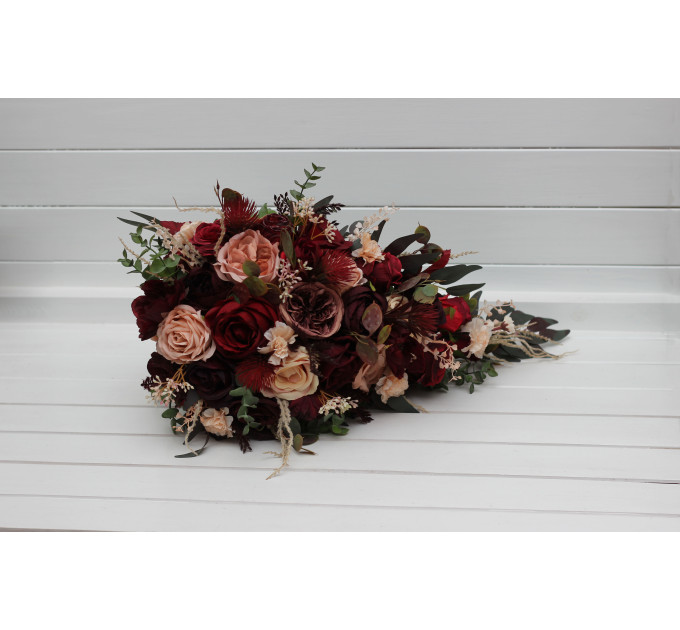 Cascading Bridal Bouquet in Red, Burgundy, Dusty Rose & Peach – Faux Flowers for Fall Weddings