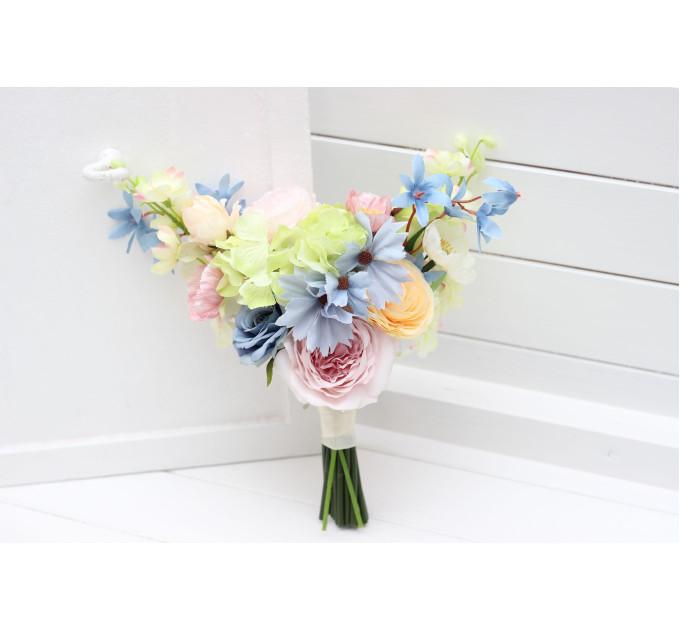 Colorful Bridal Bouquet – Green, Yellow, Pink, Dusty Blue Wildflowers