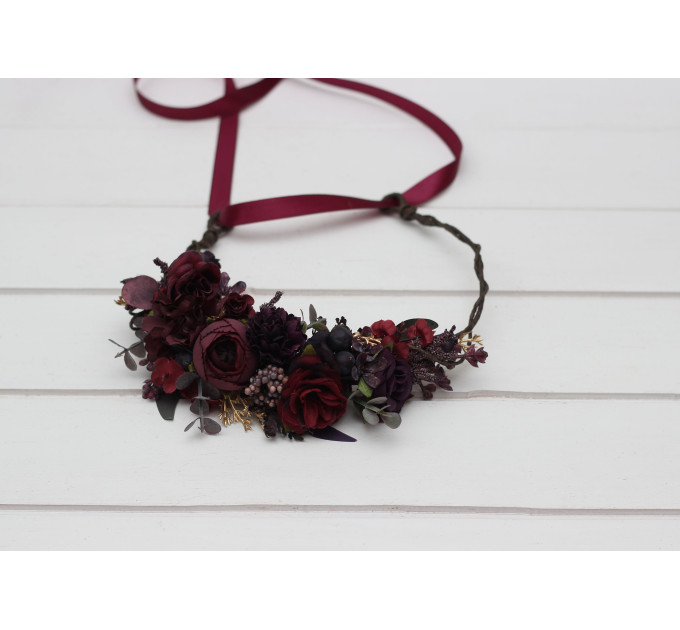 Purple, Burgundy & Gold Flower Crown – Elegant Faux Hair Wreath for Weddings