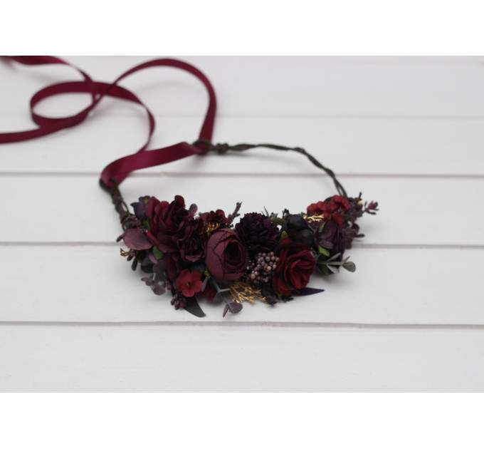 Purple, Burgundy & Gold Flower Crown – Elegant Faux Hair Wreath for Weddings