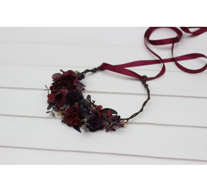 Purple, Burgundy & Gold Flower Crown – Elegant Faux Hair Wreath for Weddings