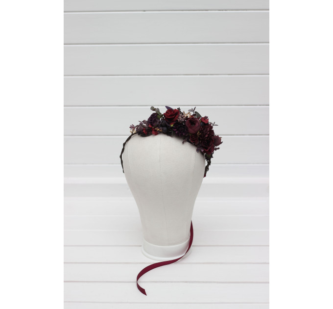 Purple, Burgundy & Gold Flower Crown – Elegant Faux Hair Wreath for Weddings