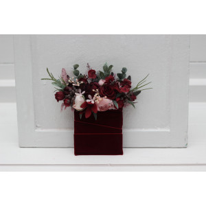 Pocket boutonniere in burgundy dusty pink color scheme. Flower accessories. Pocket flowers. Square flowers. 5019