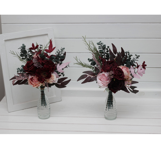 Burgundy & Dusty Pink Table Flowers – Mini Faux Bouquets for Wedding Decor