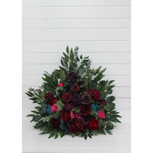 Jewel-tone wedding. Purple red teal magenta standing flowers. Aisle flowers. Wedding decorations. Floor flowers. 5297