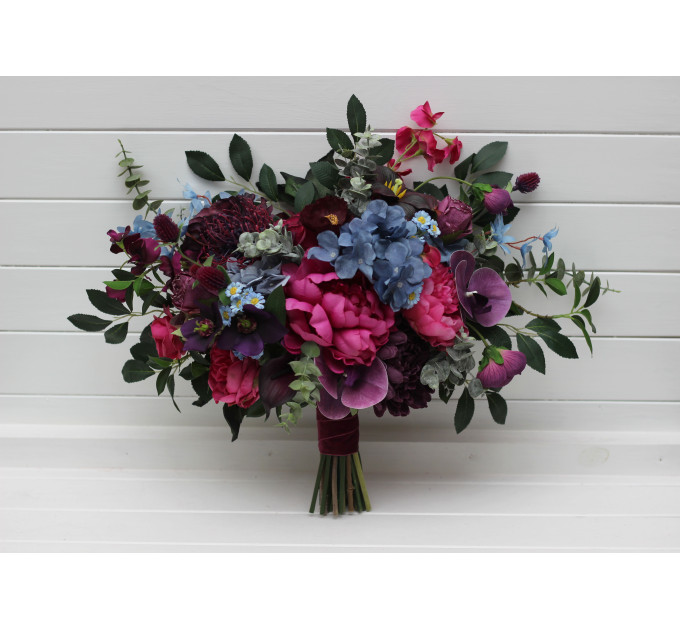 Purple, Magenta & Dusty Blue Bridal Bouquet – Jewel-Tone Faux Wedding Flowers