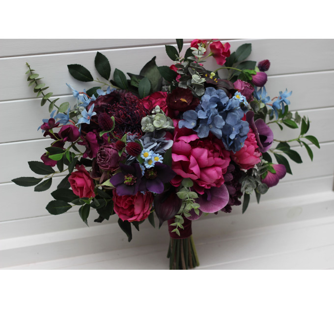 Purple, Magenta & Dusty Blue Bridal Bouquet – Jewel-Tone Faux Wedding Flowers