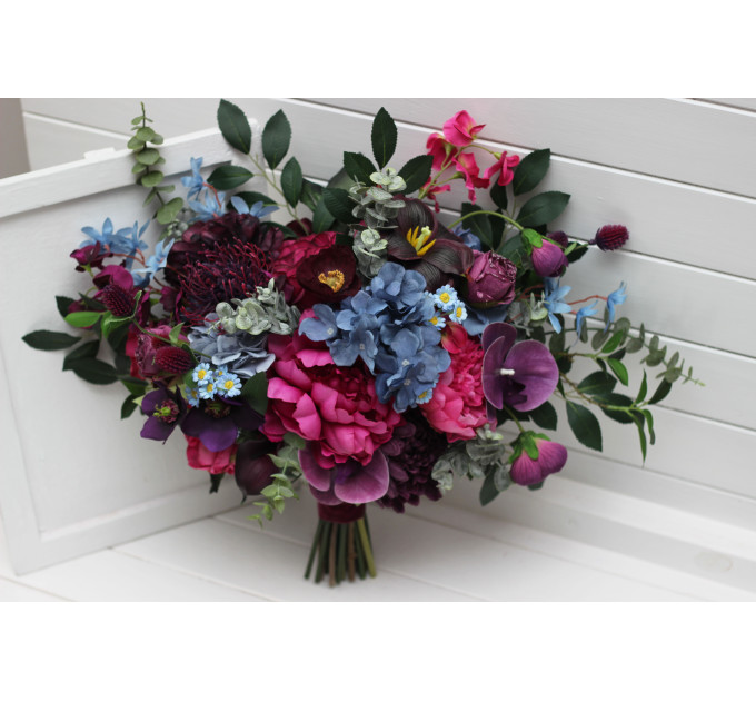 Purple, Magenta & Dusty Blue Bridal Bouquet – Jewel-Tone Faux Wedding Flowers