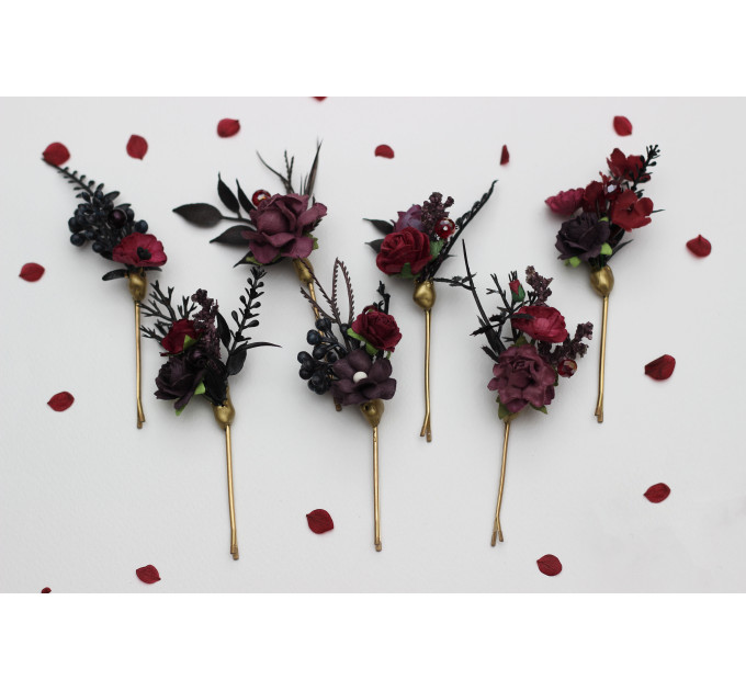 Purple, Burgundy & Black Hair Pins – Gothic Wedding Floral Hair Accessories Set