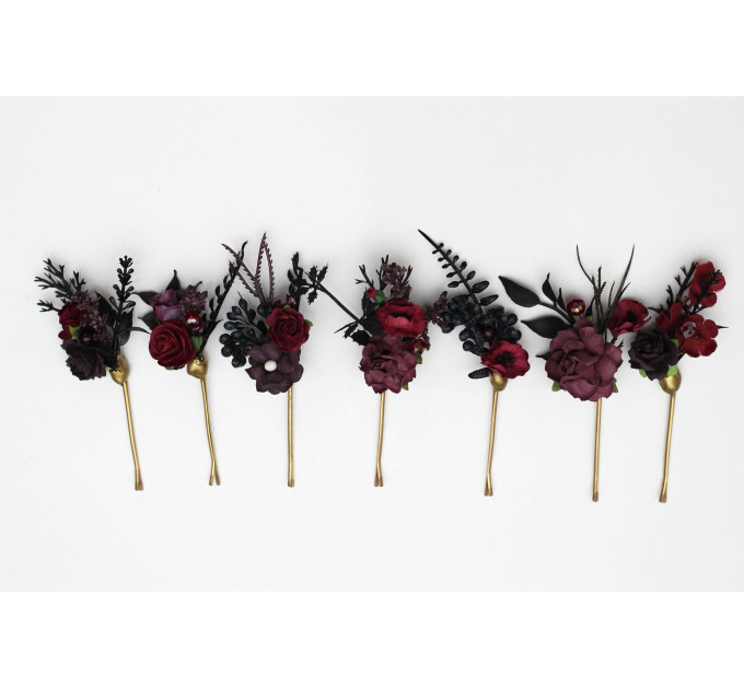 Purple, Burgundy & Black Hair Pins – Gothic Wedding Floral Hair Accessories Set