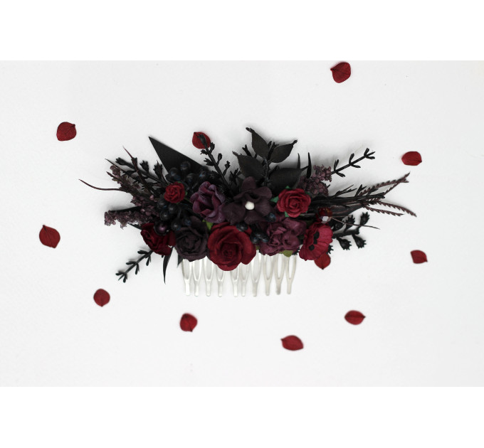 Purple, Burgundy & Black Flower Combs – Gothic Wedding Hair Accessories