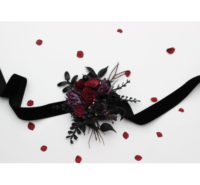 Purple, Burgundy & Black Wrist Corsage – Gothic Faux Flower Bracelet