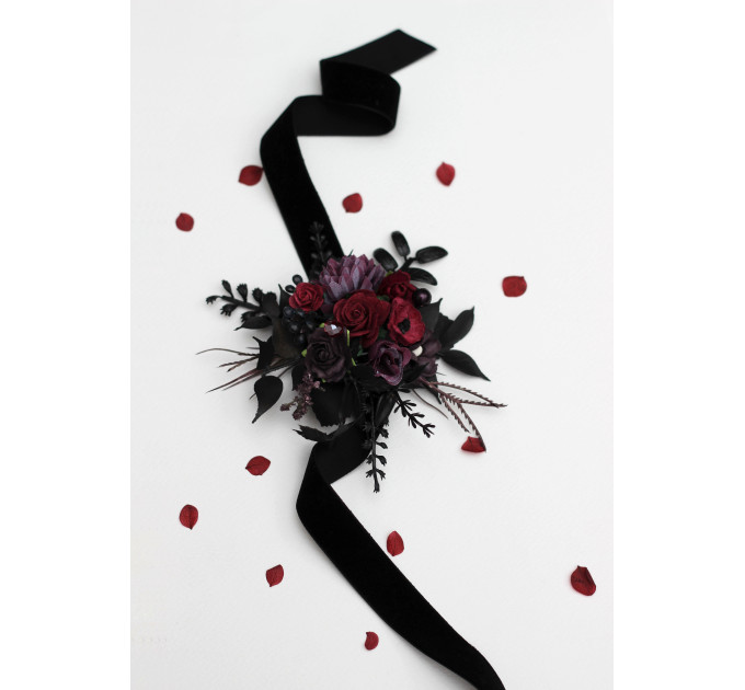 Purple, Burgundy & Black Wrist Corsage – Gothic Faux Flower Bracelet
