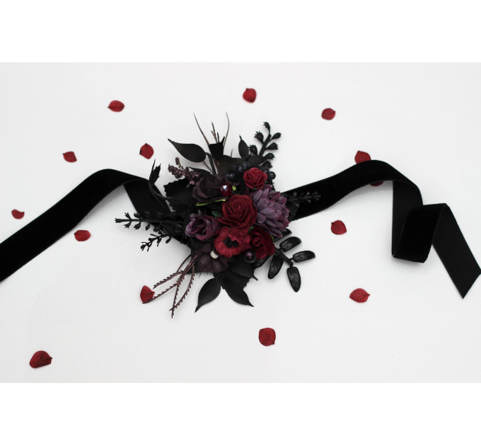 Purple, Burgundy & Black Wrist Corsage – Gothic Faux Flower Bracelet