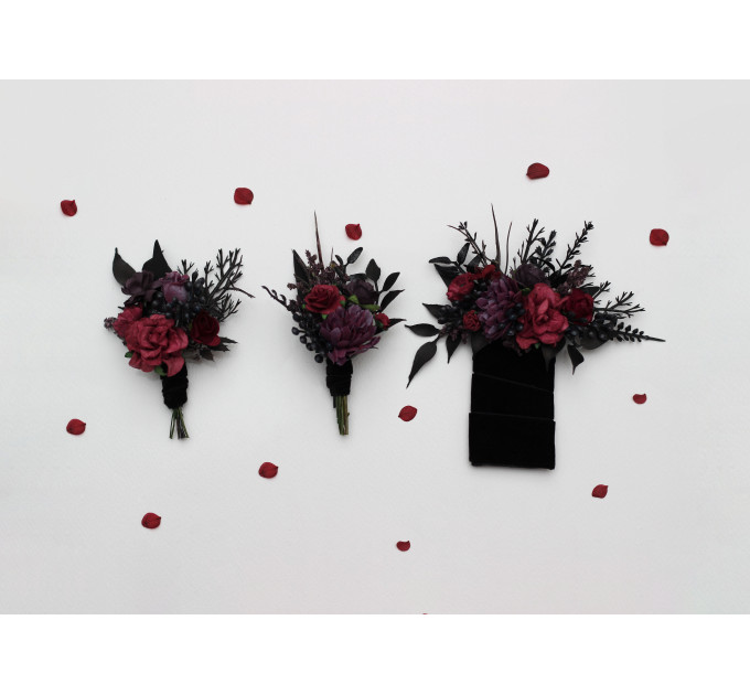 Burgundy, Purple & Black Boutonniere Set – Gothic Wedding Buttonholes