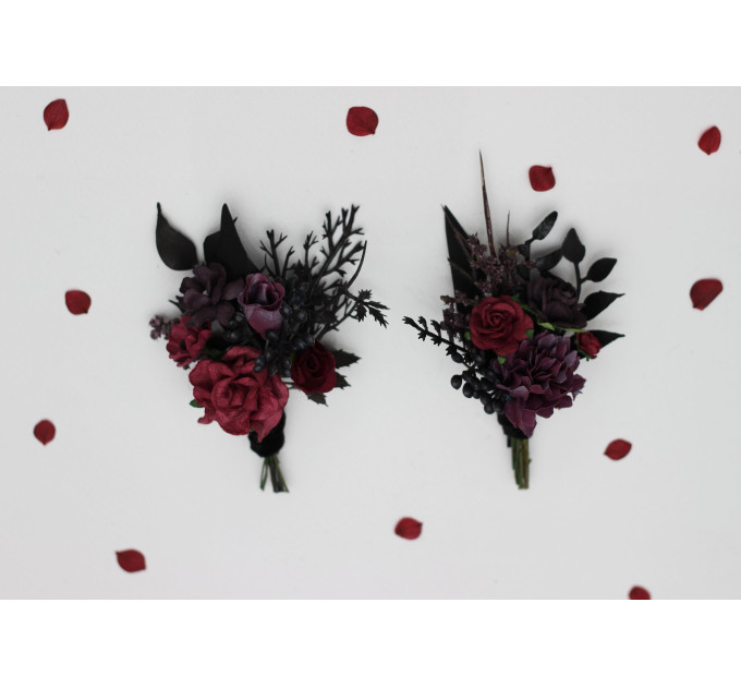 Burgundy, Purple & Black Boutonniere Set – Gothic Wedding Buttonholes