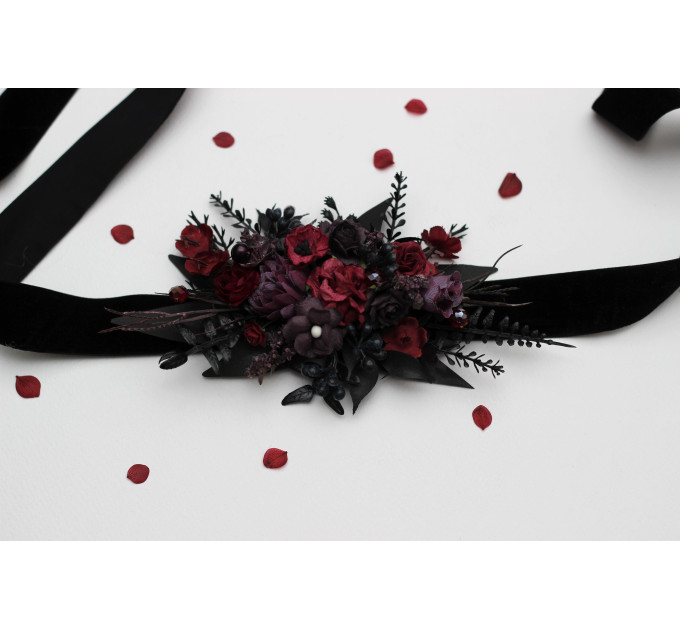 Purple, Burgundy & Black Flower Belt – Gothic Faux Floral Sash for Wedding