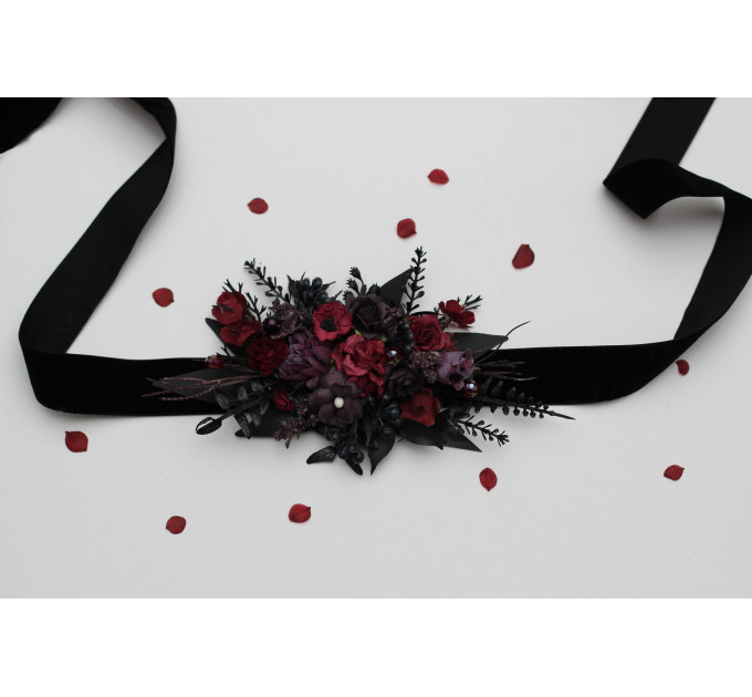 Purple, Burgundy & Black Flower Belt – Gothic Faux Floral Sash for Wedding