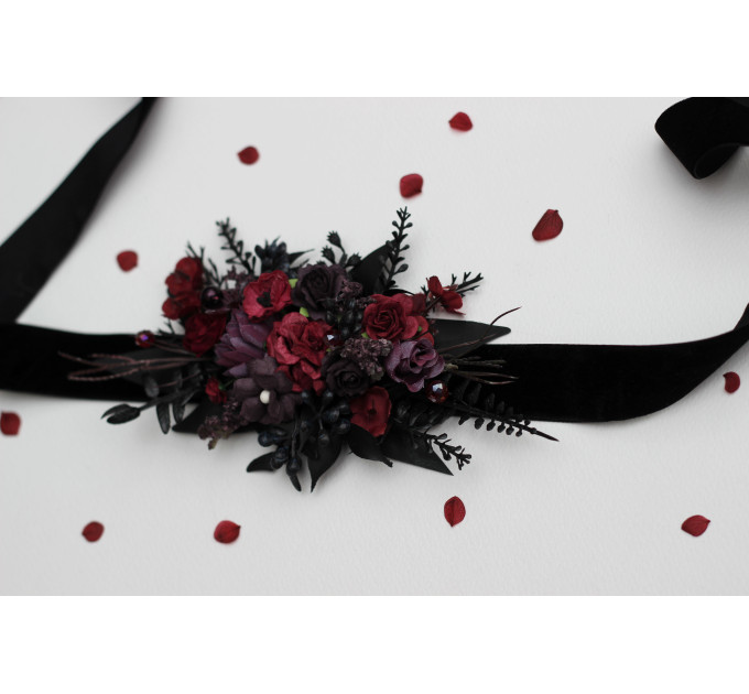 Purple, Burgundy & Black Flower Belt – Gothic Faux Floral Sash for Wedding