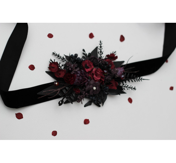 Purple, Burgundy & Black Flower Belt – Gothic Faux Floral Sash for Wedding