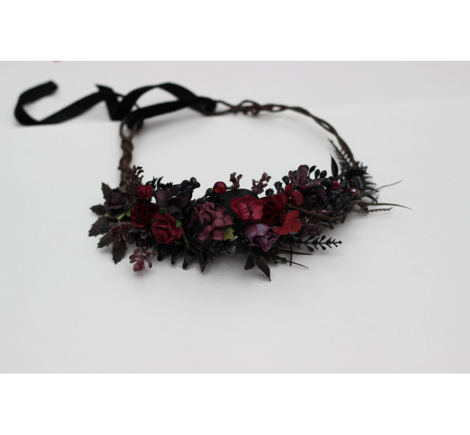 Purple, Burgundy & Black Flower Crown – Gothic Faux Floral Hair Wreath