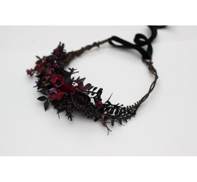 Purple, Burgundy & Black Flower Crown – Gothic Faux Floral Hair Wreath